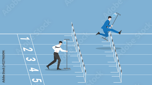 Business concept of Workaholic, hard working, diligent, enthusiastic, intense, career position, competition,  performance, and no sick leave. Businessman runs on race track by saline medical drip bag.
