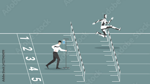 AI vs human battle concept. Businessman and robot run on racetrack. A faster robot leads a man saline medical drip bag. Business competition, contest, career position in digital age cyber technology.