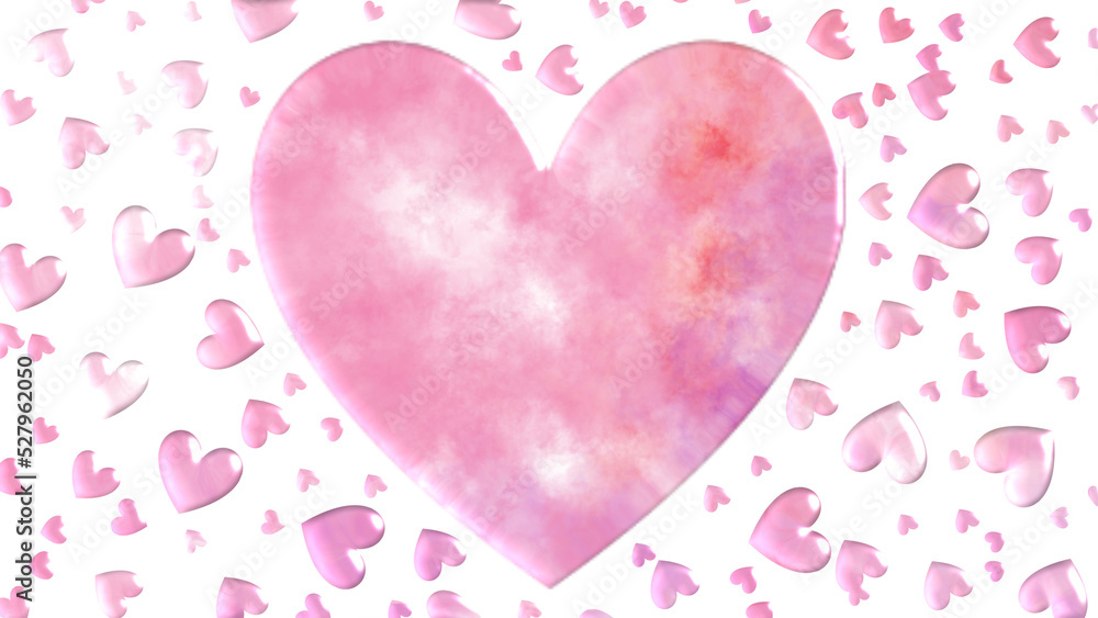 3D rendered random pink hearts water droplets shapes with watercolor painting effect 