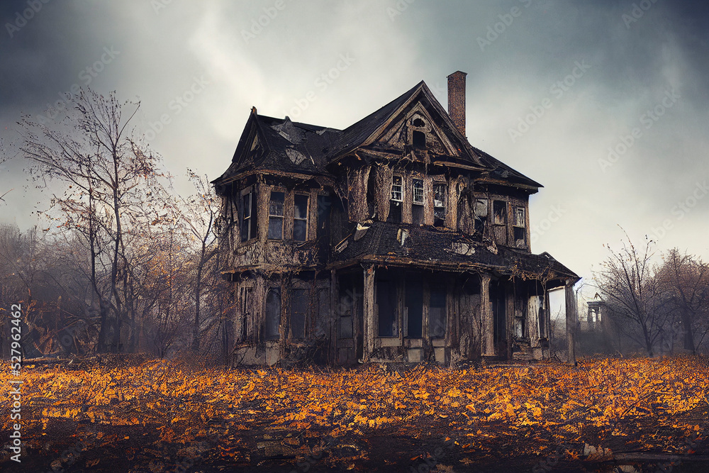 Haunted house, old worn-down abandoned home, creepy and spooky - obrazy, fototapety, plakaty 