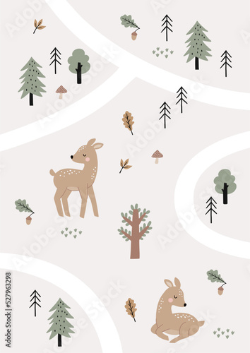 Cute Autumn. Cute cartoon fawn in forest. little deer and leaves, branches, cones, acorns - vector illustration