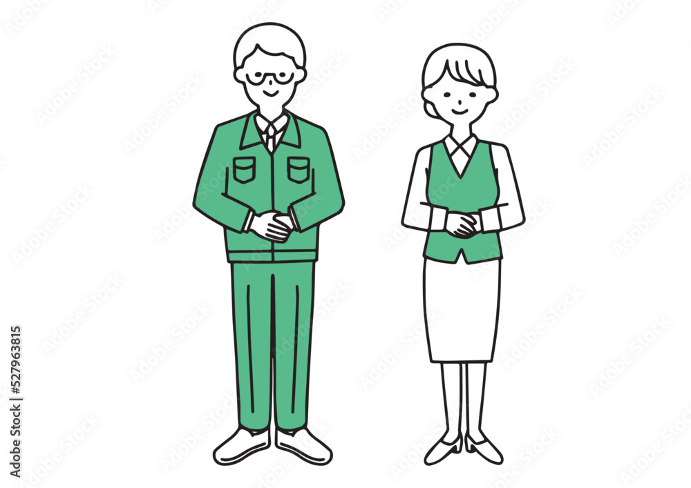 手を前に揃えている工務店の男性と受付の女性のシンプルなイラスト