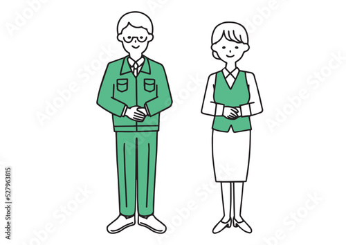 手を前に揃えている工務店の男性と受付の女性のシンプルなイラスト