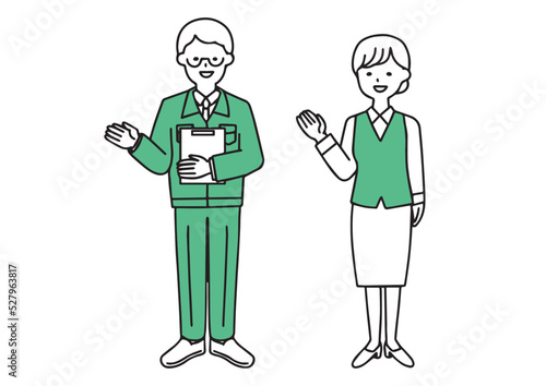 資料を手に説明する工務店の男性と受付の女性のシンプルなイラスト