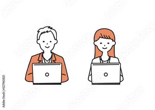 ノートパソコンで作業をするオフィスカジュアルの男女のセット