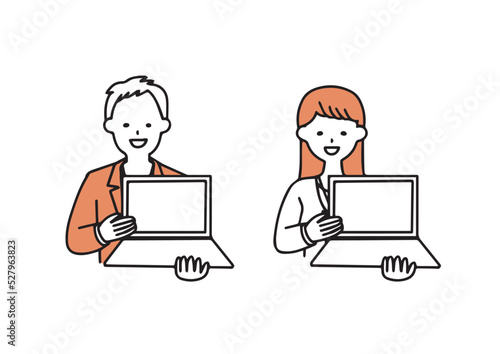 ノートパソコンの画面を見せながら説明するオフィスカジュアルの男女のイラストセット