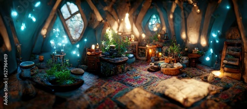 Fotografie, Tablou Spectacular picture of interior of a fantasy medieval cottage, full with plants furniture and enchanted light