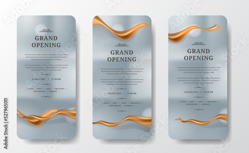 Grand Opening Stories Social Media Template with golden silk fabric expensive celebrate luxury elegant concept with bokeh silver background