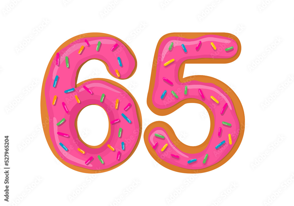 Number 65, Sweet Donut With Number sixty five Shape. Number 65, Sweet Donut With Number sixty five Shape.