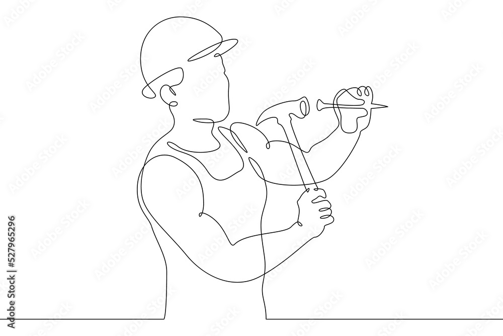 One continuous line. Construction worker. The builder uses a hammer
