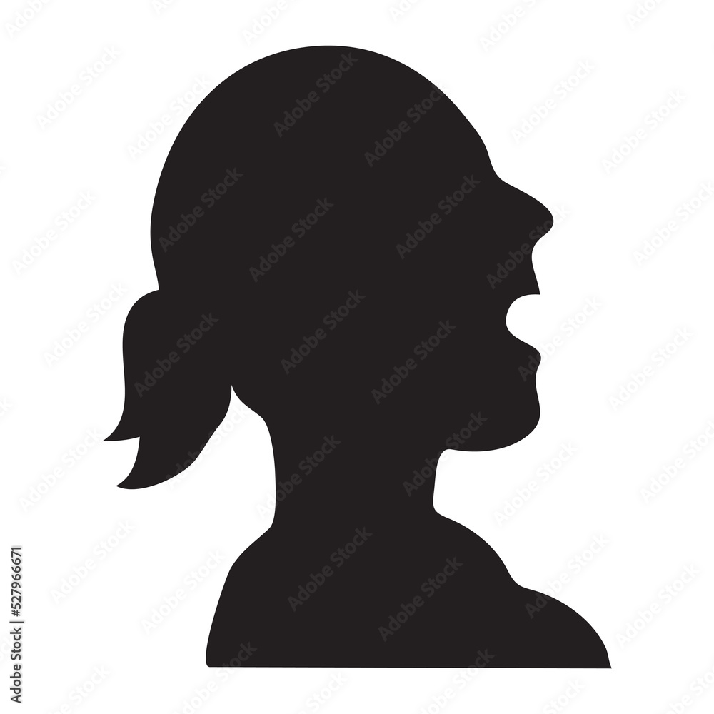 Screaming woman's face in profile. Head of a woman in stress on the side. vector illustration. 