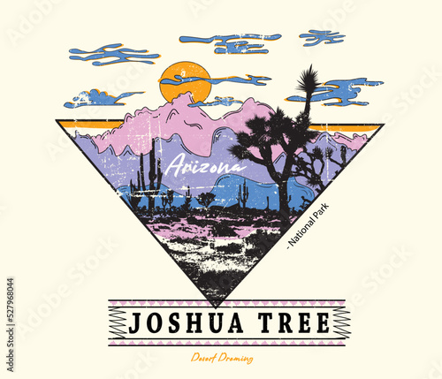 Joshua tree Arizona Vibes Vector Print Design, Arizona desert state t shirt graphic design. Vintage artwork for apparel, sticker, batch, background, poster and others.