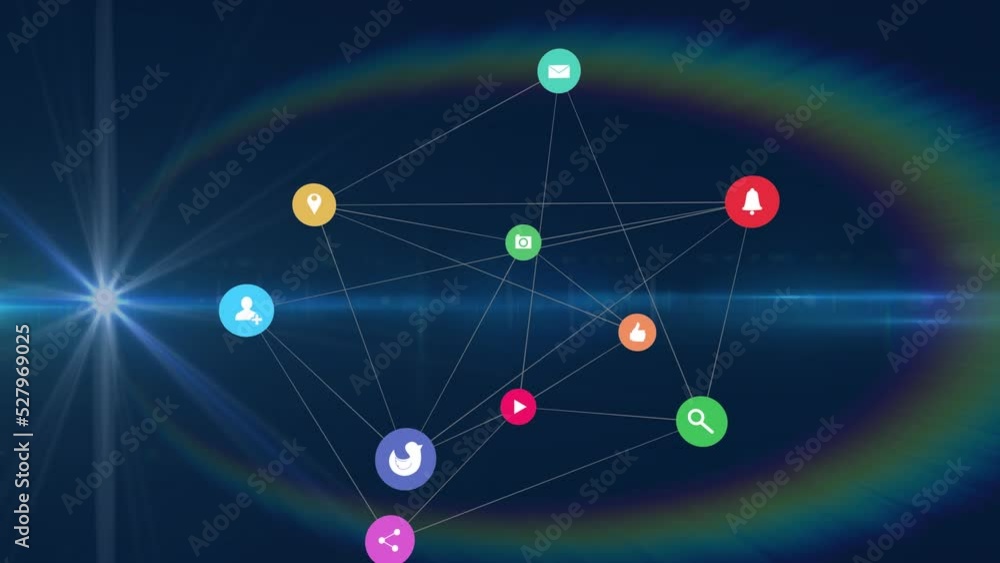 Network of digital icons against spot of light and lens flare against blue background Network of digital icons against spot of light and lens flare against blue background