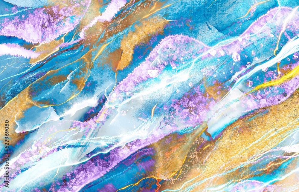 Watercolor dynamic background of alcohol ink with gold. Purple with blue stone cut.Cosmic and glamorous abstraction for wallpaper on the wall. Interior accent wall. Luxury Print