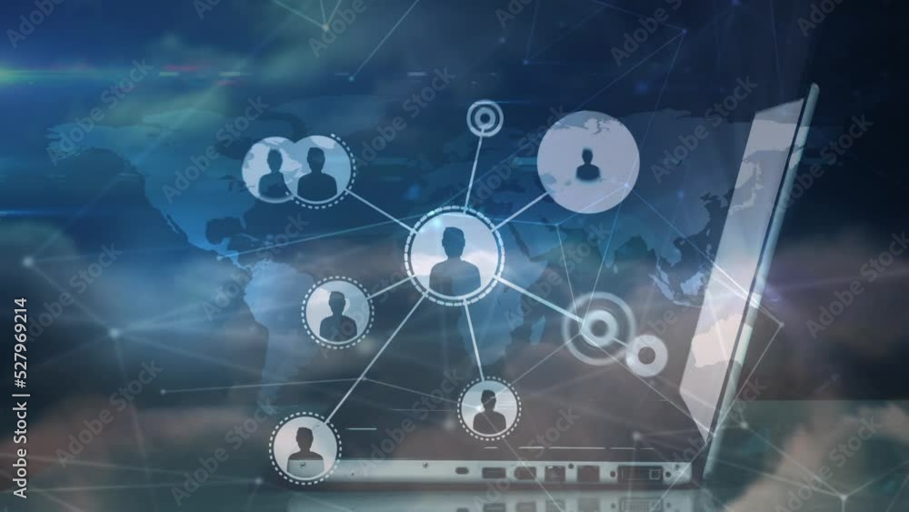Animation of network of connections with icons and laptop on blue background Animation of network of connections with icons and laptop on blue background