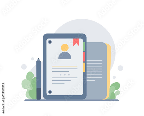 Phone book, contacts book or notebook. Contact information, business partners, digital communication concept. Vector illustration
