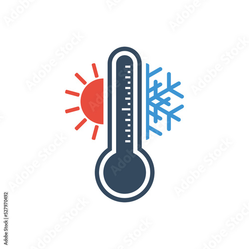 hot and cold temperature pictogram, thermometer with sun and snowflake symbols, flat vector icon