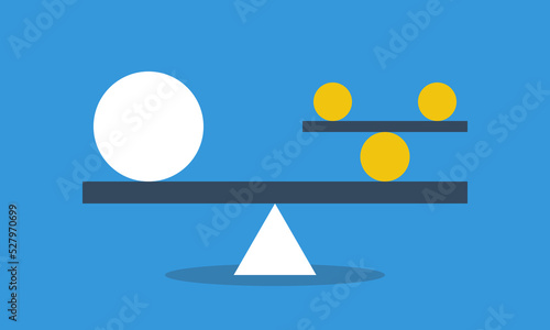 One big and many balancing small balls in equilibrium on seesaw. Concept of harmony and balance. Vector flat style infografics illustration.