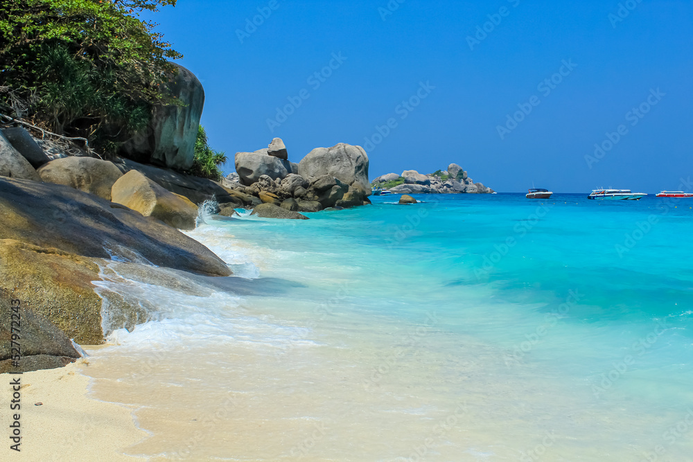 Koh Similan, Phuket, Thailand.  Paradise tranquil scene with turquoise water and blue sky. Copy space for text, background, wallpaper 
