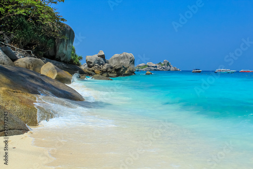 Koh Similan, Phuket, Thailand. Paradise tranquil scene with turquoise water and blue sky. Copy space for text, background, wallpaper 