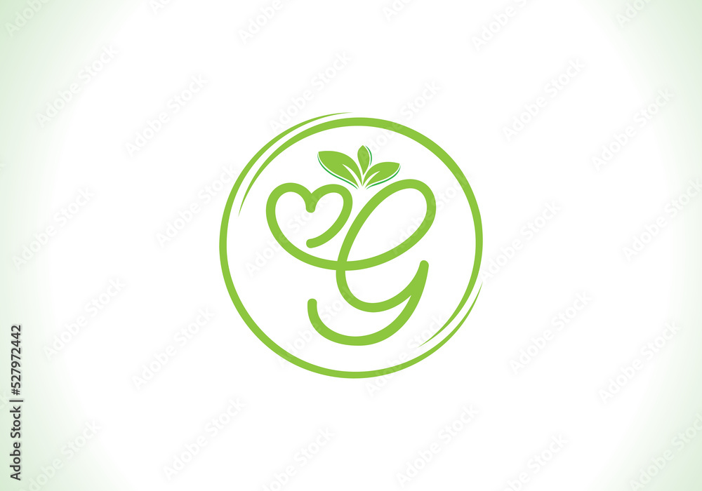 Love healthy and green nutrition leaf logo design vector and the letters. Green love leaf vector. with G Love healthy and green nutrition leaf logo design vector and the letters. Green love leaf vector. with G