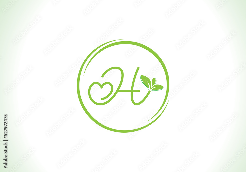 Love healthy and green nutrition leaf logo design vector and the letters. Green love leaf vector. with H Love healthy and green nutrition leaf logo design vector and the letters. Green love leaf vector. with H