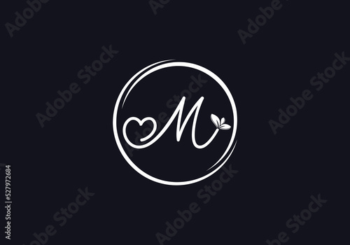 Love healthy and green nutrition leaf logo design vector and the letters. Green love leaf vector. with M