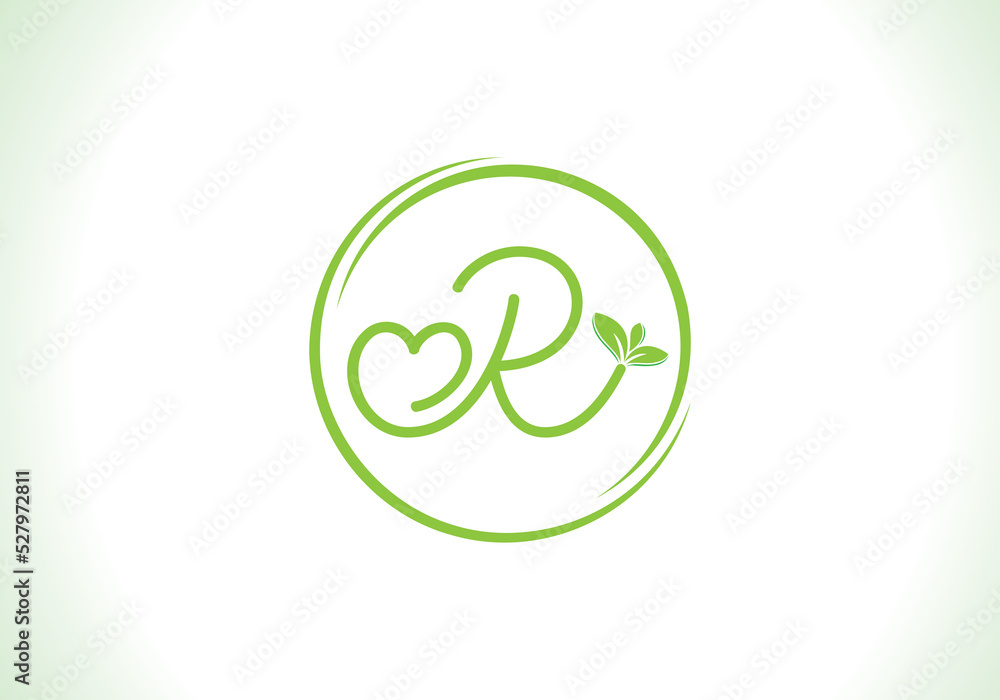 Love healthy and green nutrition leaf logo design vector and the letters. Green love leaf vector. with R Love healthy and green nutrition leaf logo design vector and the letters. Green love leaf vector. with R