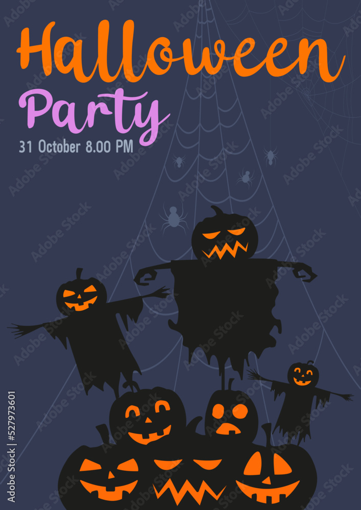 Halloween party invitation with scary pumpkins and zombie hands. Happy Halloween holiday. Poster or banner and web banner with spider web scary potion on black and dark blue background for school Halloween party invitation with scary pumpkins and zombie hands. Happy Halloween holiday. Poster or banner and web banner with spider web scary potion on black and dark blue background for school