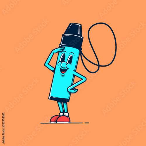 Blue vaping device store mascot walking. Retro vintage cartoon logo illustration.