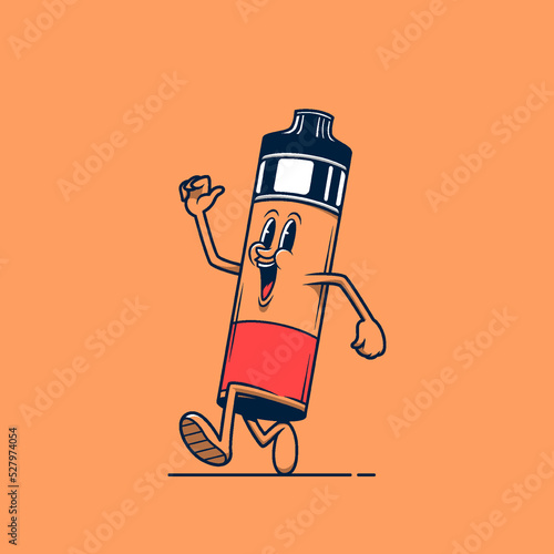 Orange vaping device store mascot walking. Retro vintage cartoon logo illustration.