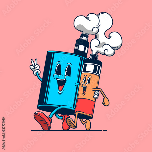 Two vape store mascot walking together. Retro vintage cartoon logo illustration.