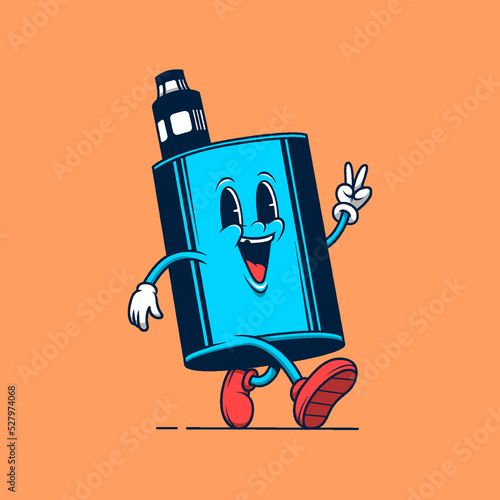 Blue vaping device mascot walking. Retro vintage cartoon logo illustration.