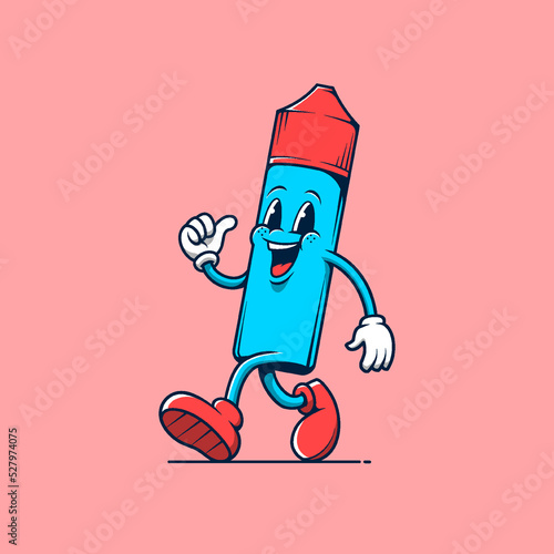 Blue comical vape store mascot walking. Retro vintage cartoon logo illustration.