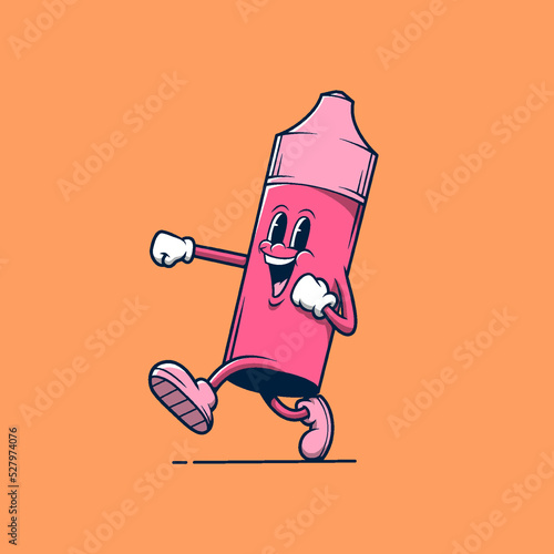 Pink smiley vape store mascot walking. Retro vintage cartoon logo illustration.