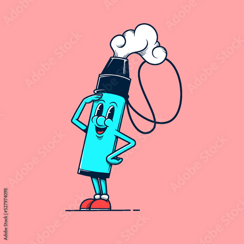 Blue vaping device store mascot walking. Retro vintage cartoon logo illustration.