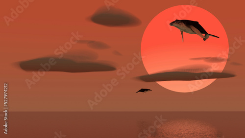 Flying Humpback whale over sunset sea (3D Rendering)