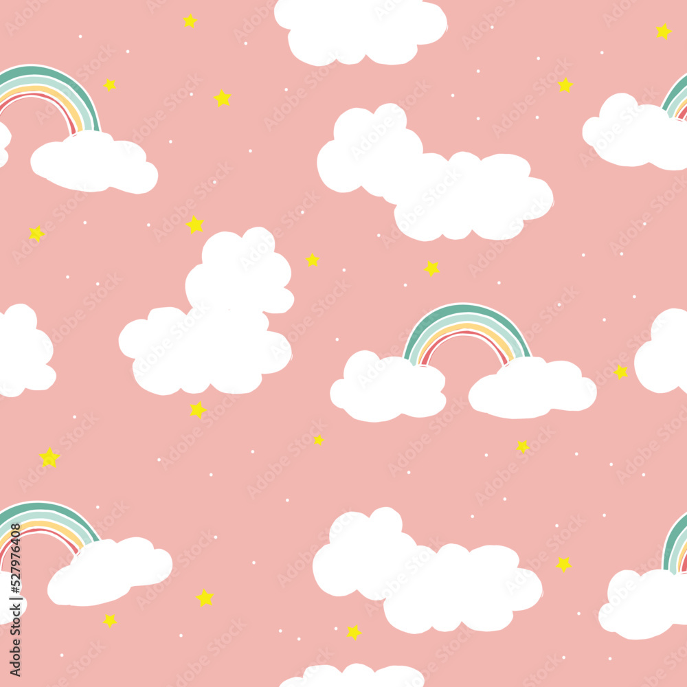 Obraz premium cute cloud with rainbow illustration on pink background. seamless pattern with cloud, hand drawn vector. doodle art for kids fashion, wallpaper, wrapping paper and gift, backdrop. fluffy cloud, stars.