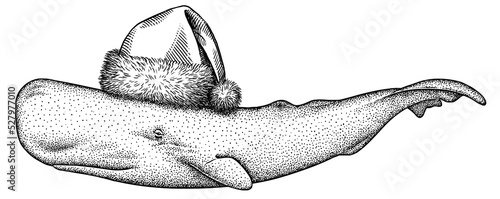 Vintage engrave isolated blue whale set christmas illustration humpback ink santa costume sketch. Wild cachalot background line new year hat giant dolphin art