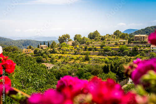 View through geraniums to the mediterranean sea with the islands Illes Malgrats at the horizon from viewing platform Mirador Galilea at the square Ses Timbes in the center of Mallorca village Galilea. photo