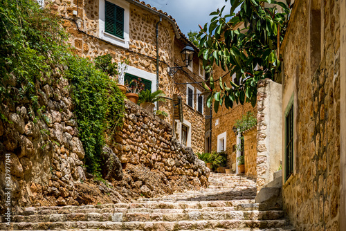 Fototapeta Naklejka Na Ścianę i Meble -  Narrow uphill alley named Carrer Església with curved cobbled steps in the idyllic mediterranean mountain village Fornalutx lined with mediterranean stone houses and overgrown walls at Mallorca.