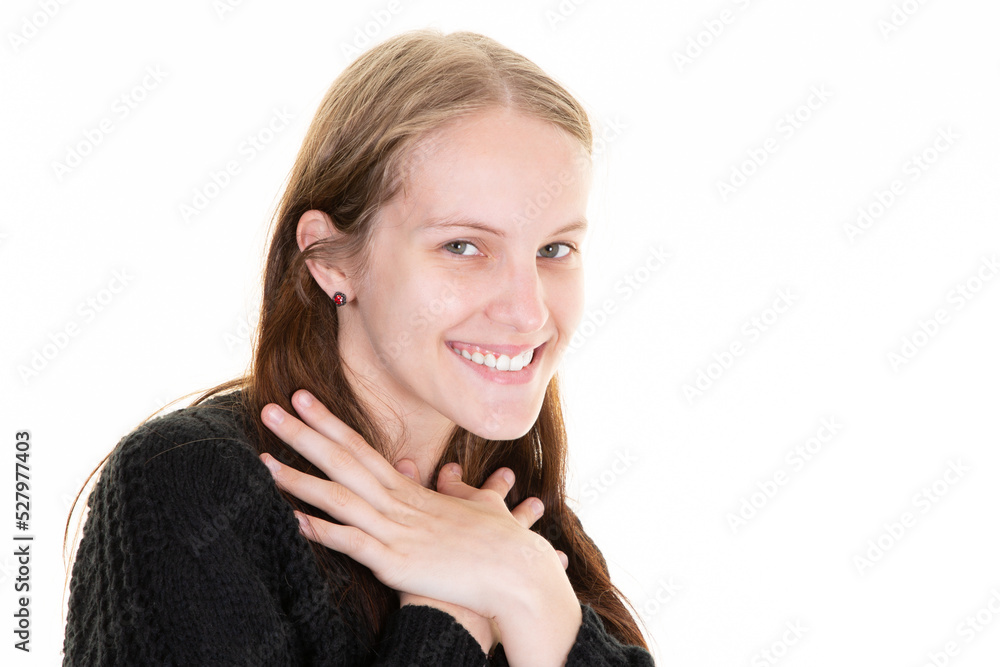 young smiling woman looking happy on white background large smile on cute face looking beautiful and pretty with hands touching neck young smiling woman looking happy on white background large smile on cute face looking beautiful and pretty with hands touching neck