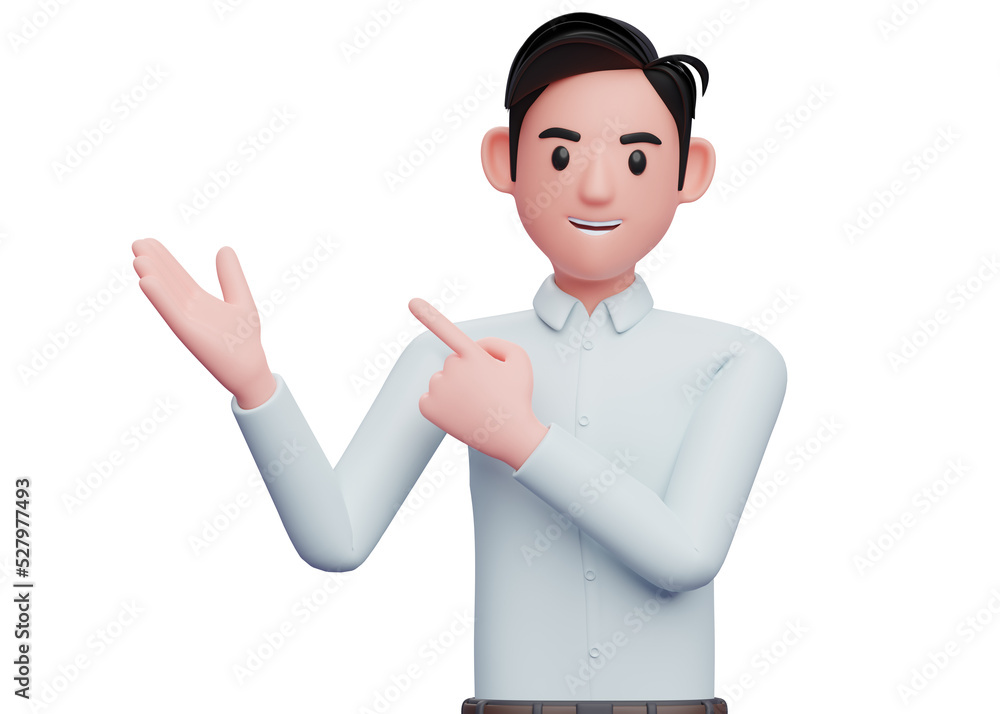businessman in blue shirt Pointing and recommending pose, 3d illustration of businessman blue shirt pointing side up