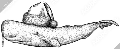Vintage engrave isolated blue whale set christmas illustration humpback ink santa costume sketch. Wild cachalot background line new year hat giant dolphin vector art