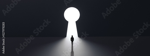Silhouette of man against giant keyhole door. Key to everything concept, 3d render, panoramic image