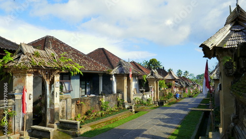 Hauptstra  e durch das Museumsdorf Penglipuran in Bali mit alten traditionellen H  usern und Palmen
