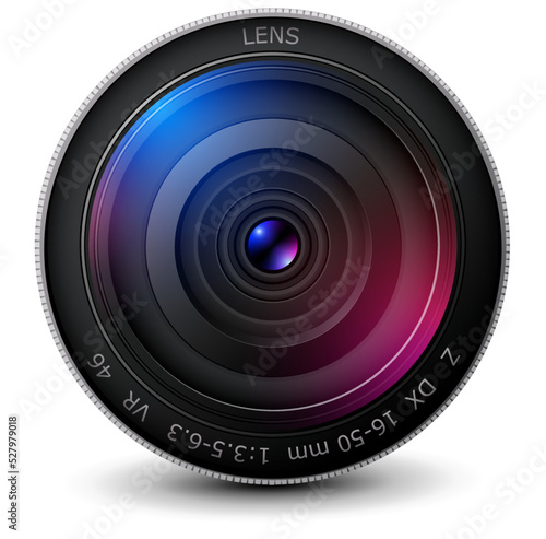 Camera photo lens 3D icon, realistic technology symbol design, vector illustration.
