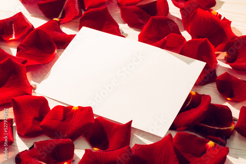 Card with red rose petals