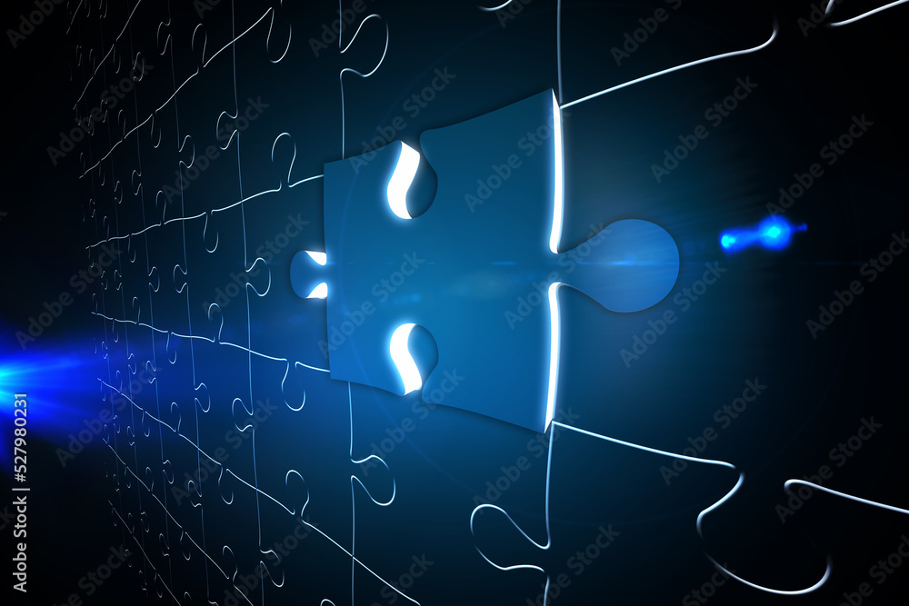 Naklejka premium Blue glowing jigsaw piece on puzzle