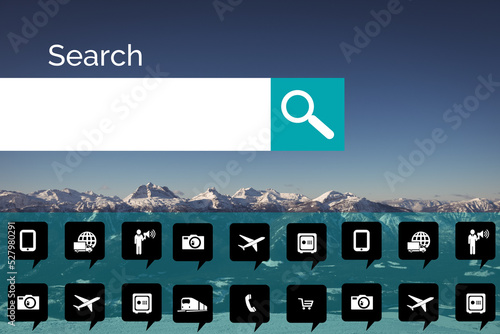 Various computer icons with search bar on device screen